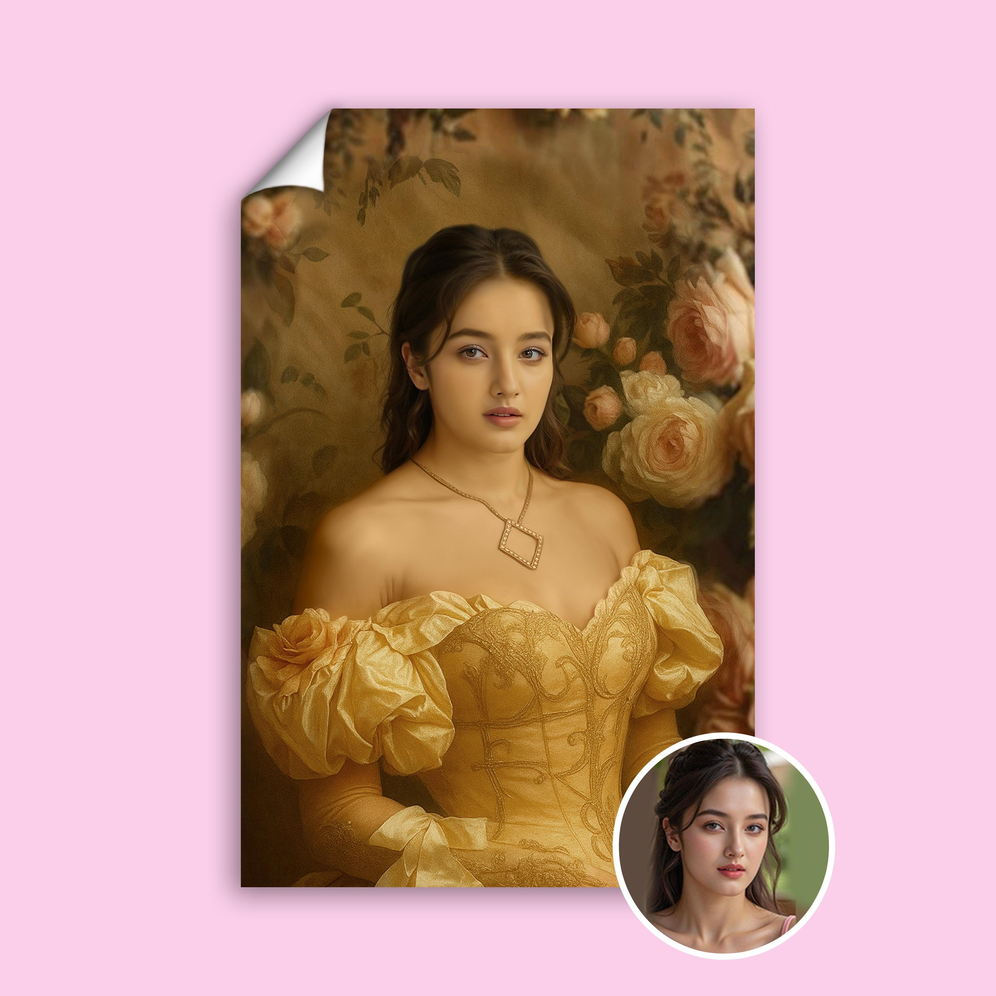 Victorian Pearl Queen Portrait - Regal Renaissance Style Wall Art printed custom portrait held in hands - Furr and Family 
