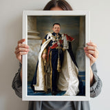 Custom Blue Cape Portrait – Man in Royal Attire Holding Sword and Staff