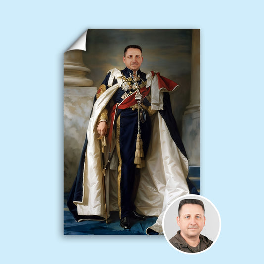 Custom Blue Cape Portrait – Man in Royal Attire Holding Sword and Staff