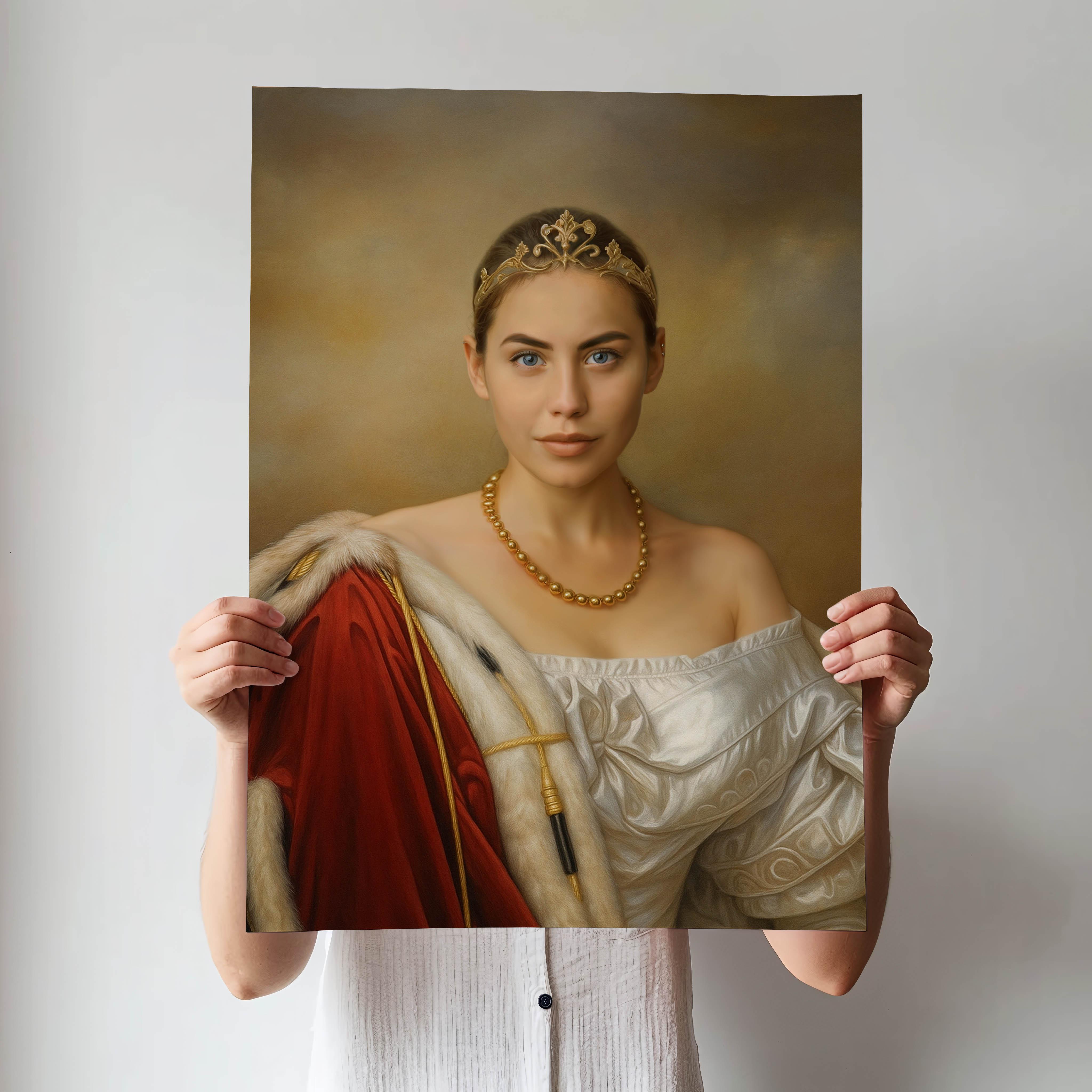 Elegant Female Monarch Painting - Personalized Classic Royal Look printed custom portrait held in hands - Furr and Family 

