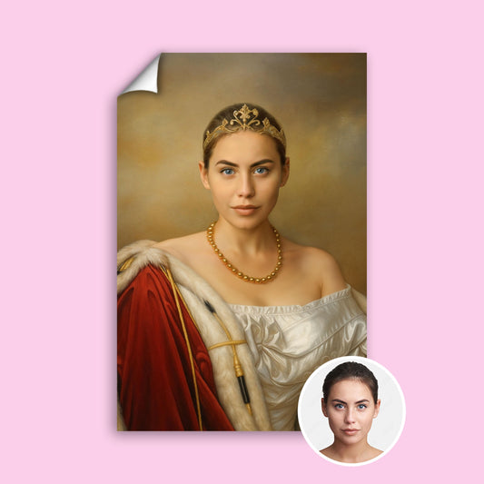 Elegant Female Monarch Painting - Personalized Classic Royal Look printed custom portrait held in hands - Furr and Family 
