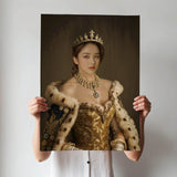 Golden Throne Queen Portrait - Custom Royal Female Wall Art printed custom portrait held in hands - Furr and Family 
