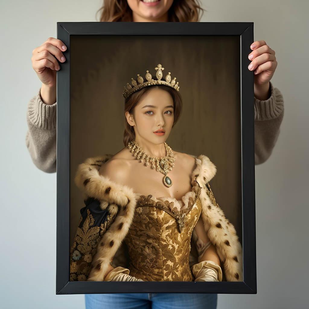 Golden Throne Queen Portrait - Custom Royal Female Wall Art printed custom portrait held in hands - Furr and Family 
