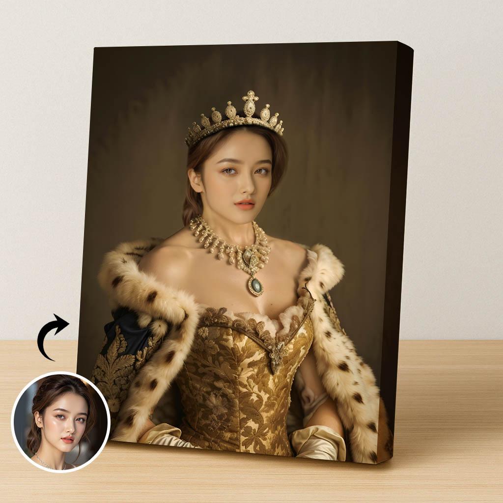 Golden Throne Queen Portrait - Custom Royal Female Wall Art printed custom portrait held in hands - Furr and Family 
