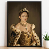 Golden Throne Queen Portrait - Custom Royal Female Wall Art printed custom portrait held in hands - Furr and Family 
