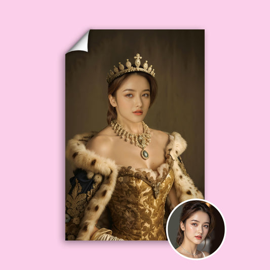 Golden Throne Queen Portrait - Custom Royal Female Wall Art printed custom portrait held in hands - Furr and Family 
