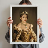 Golden Throne Queen Portrait - Custom Royal Female Wall Art printed custom portrait held in hands - Furr and Family 
