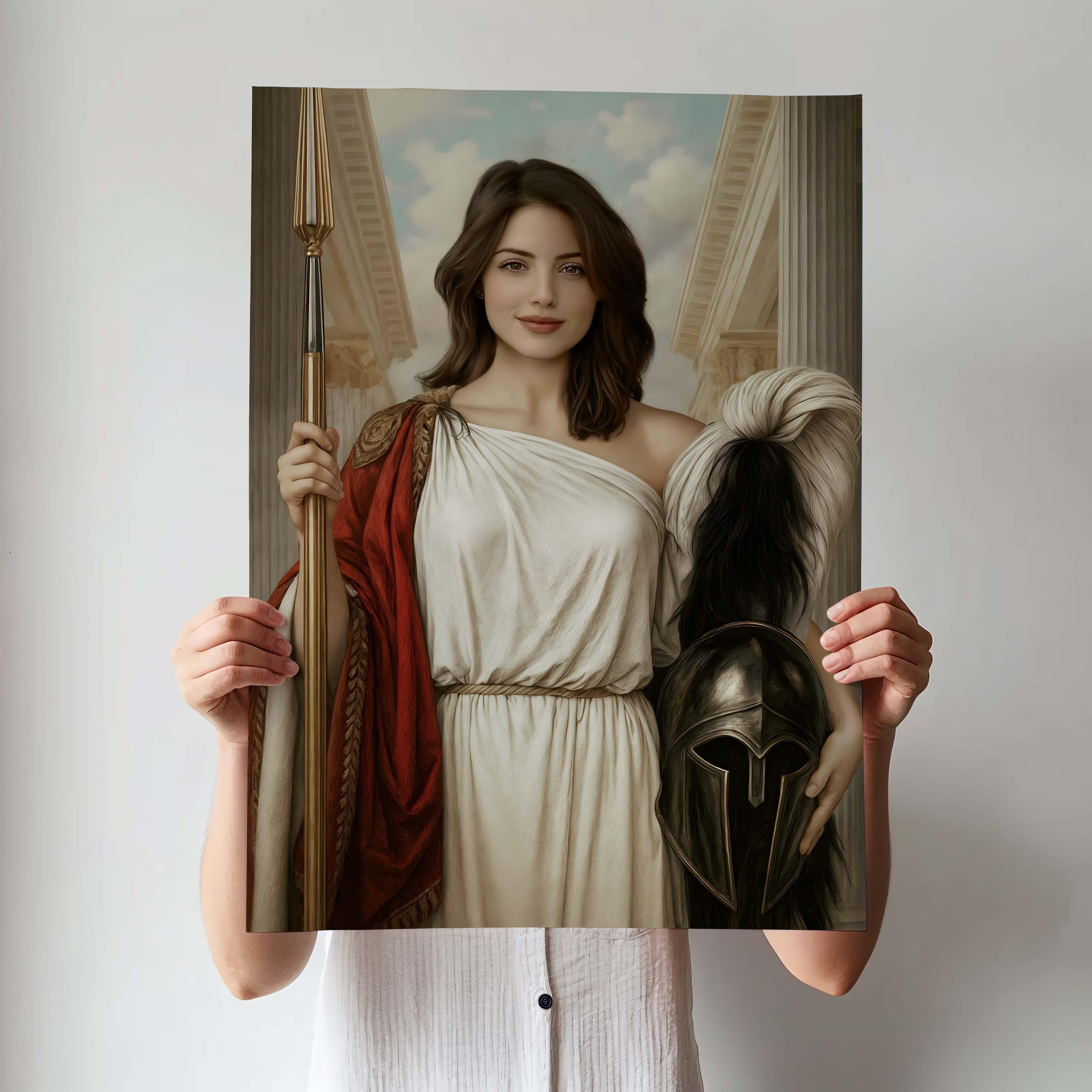 Ancient Greek Warrior Queen Custom Portrait - Mythical Elegance printed custom portrait held in hands - Furr and Family 
