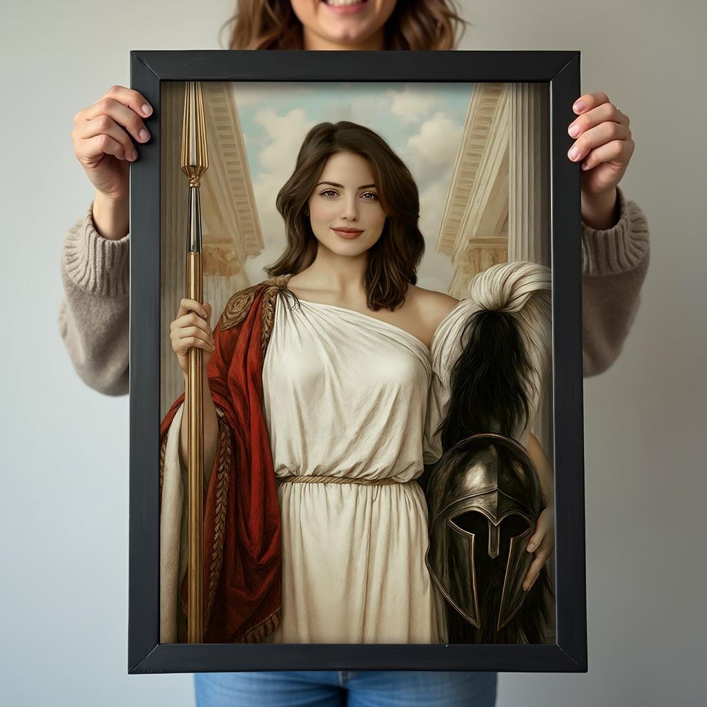 Ancient Greek Warrior Queen Custom Portrait - Mythical Elegance printed custom portrait held in hands - Furr and Family 
