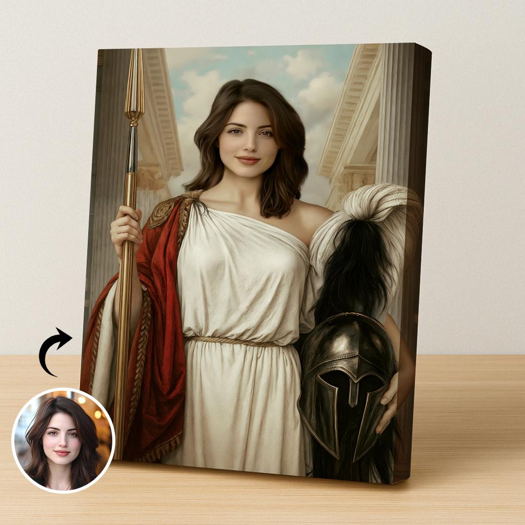 Ancient Greek Warrior Queen Custom Portrait - Mythical Elegance printed custom portrait held in hands - Furr and Family 
