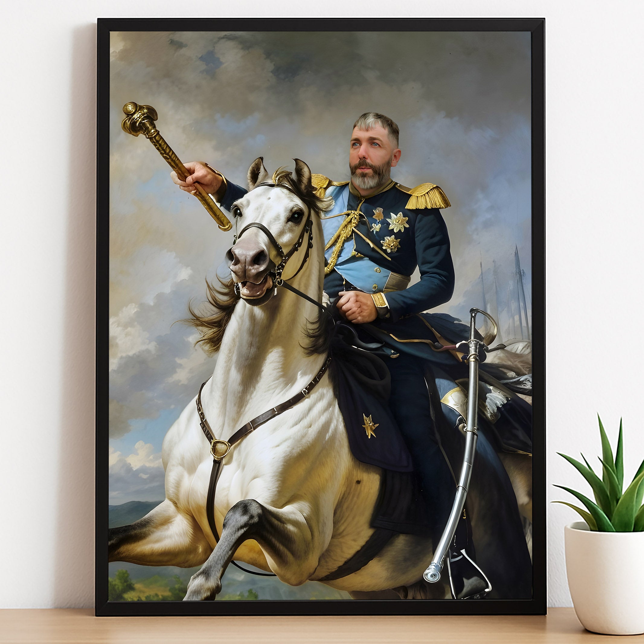 Custom Horseback Portrait – Man on White Horse with Blue and Gold Uniform