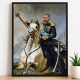 Custom Horseback Portrait – Man on White Horse with Blue and Gold Uniform
