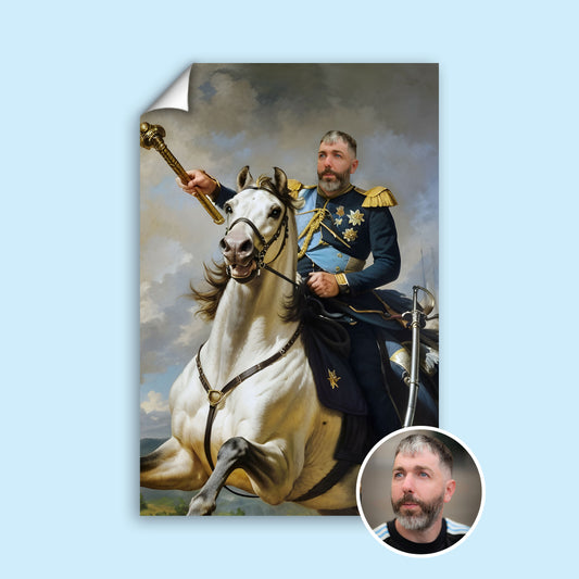 Custom Horseback Portrait – Man on White Horse with Blue and Gold Uniform