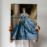 Personalized Victorian Blue Ball Gown Portrait - Royal Female Artwork printed custom portrait held in hands - Furr and Family 
