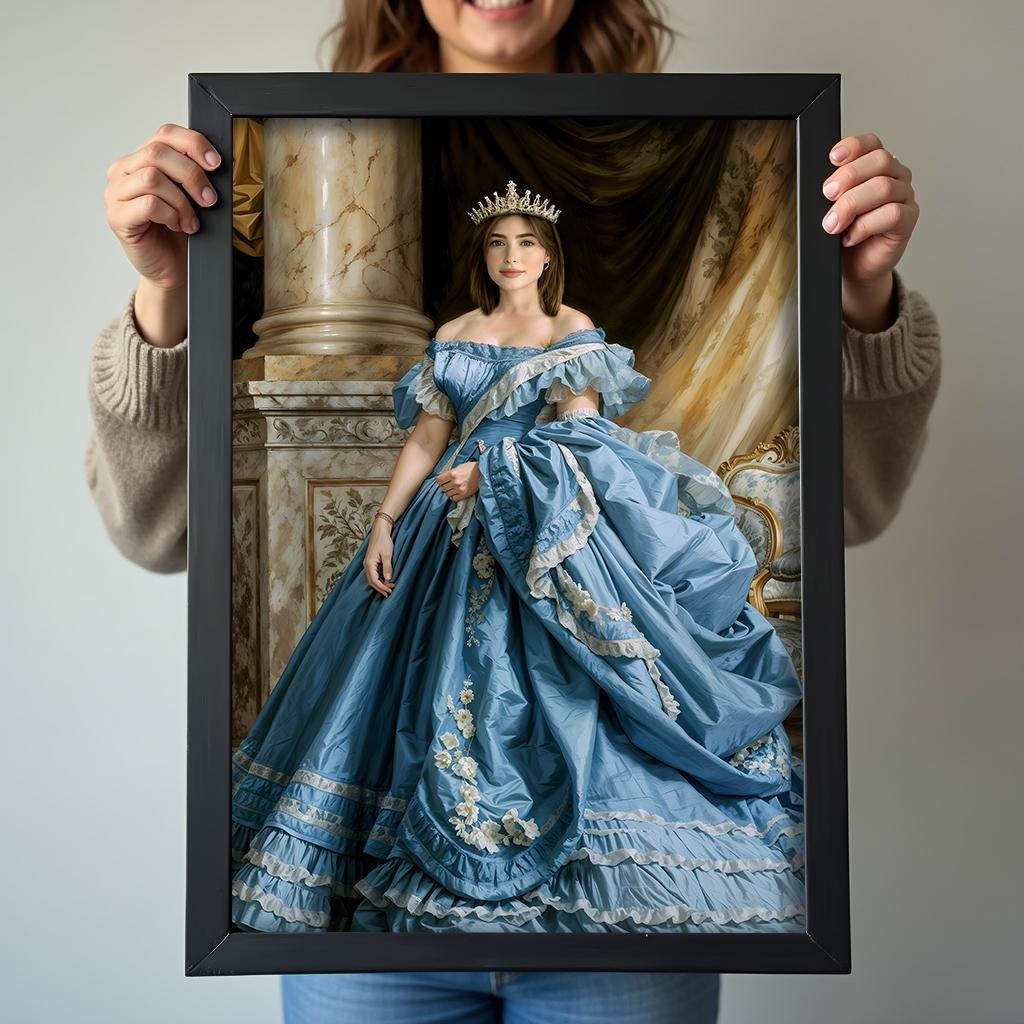 Personalized Victorian Blue Ball Gown Portrait - Royal Female Artwork printed custom portrait held in hands - Furr and Family 
