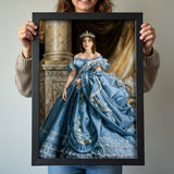 Personalized Victorian Blue Ball Gown Portrait - Royal Female Artwork printed custom portrait held in hands - Furr and Family 
