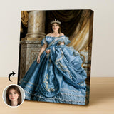 Personalized Victorian Blue Ball Gown Portrait - Royal Female Artwork printed custom portrait held in hands - Furr and Family 
