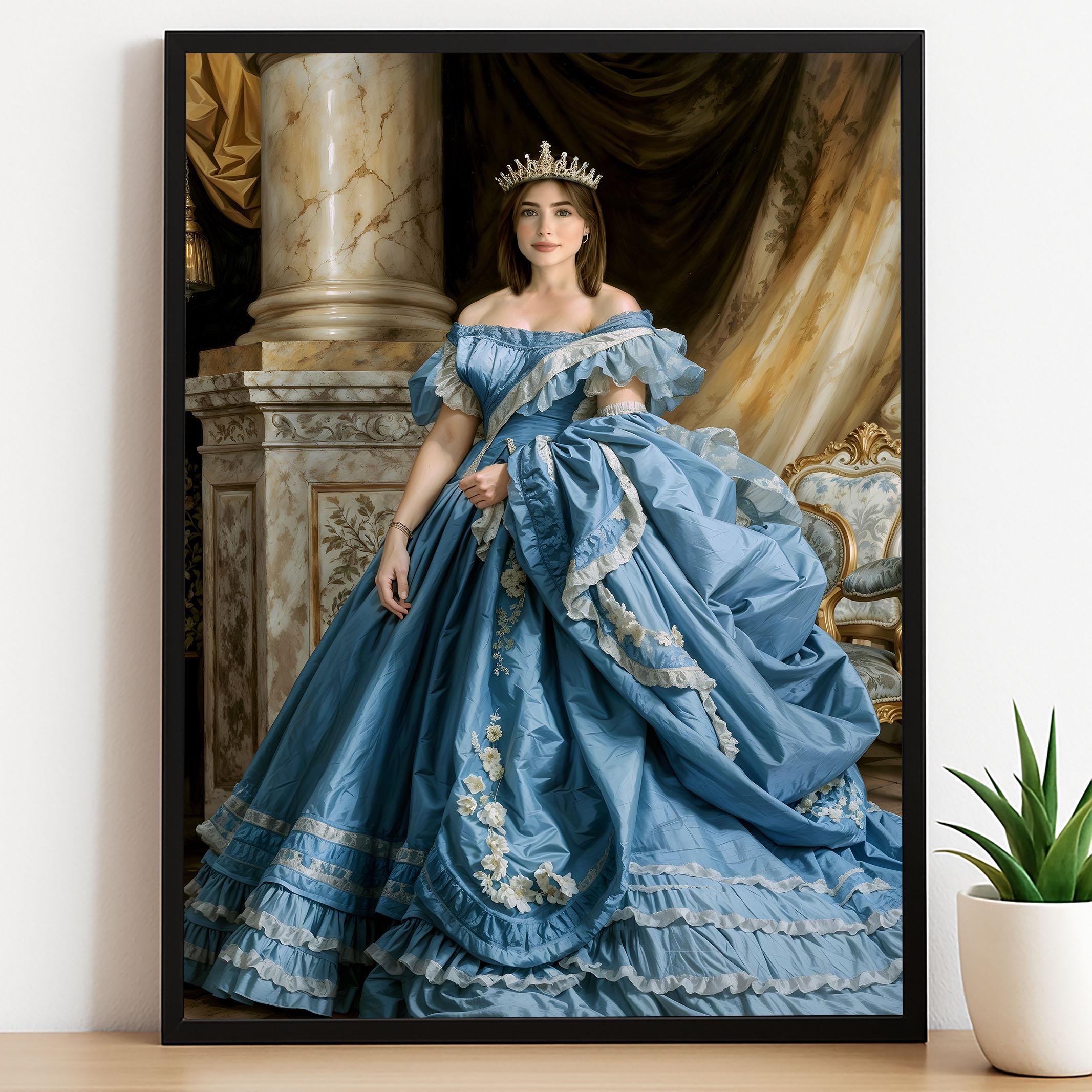 Personalized Victorian Blue Ball Gown Portrait - Royal Female Artwork printed custom portrait held in hands - Furr and Family 
