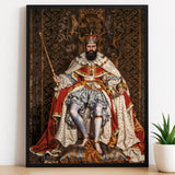 Custom Barefoot King Portrait – Man Seated on Ornate Throne with Scepter