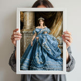 Personalized Victorian Blue Ball Gown Portrait - Royal Female Artwork printed custom portrait held in hands - Furr and Family 
