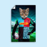 Custom pet portrait of a dog or cat in a rugby jersey, hand-illustrated from a customer photo with sporty, team-inspired artwork