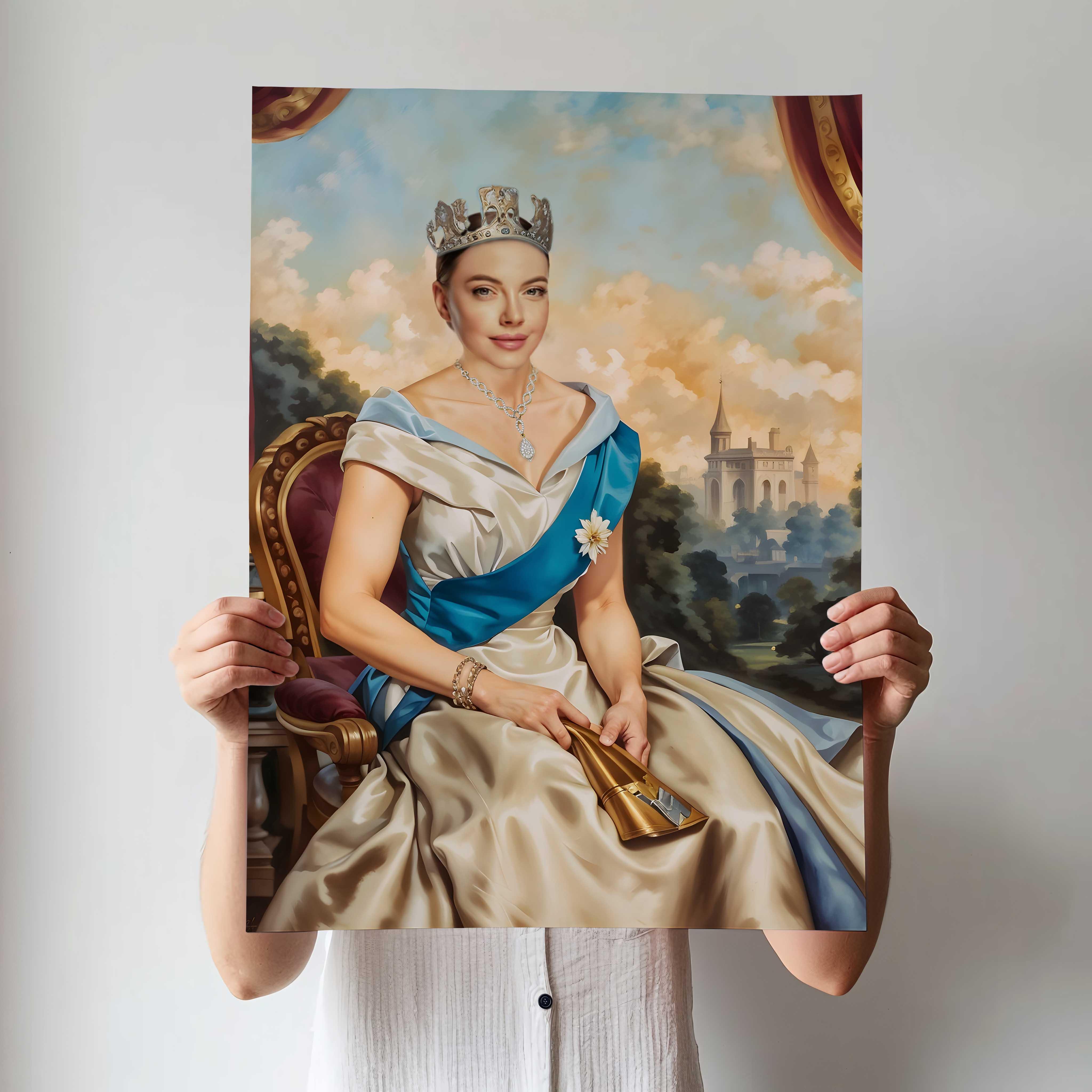 Custom Modern Queen Portrait – Woman in Crown with Castle Background