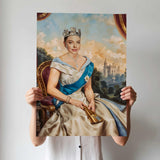 Custom Modern Queen Portrait – Woman in Crown with Castle Background