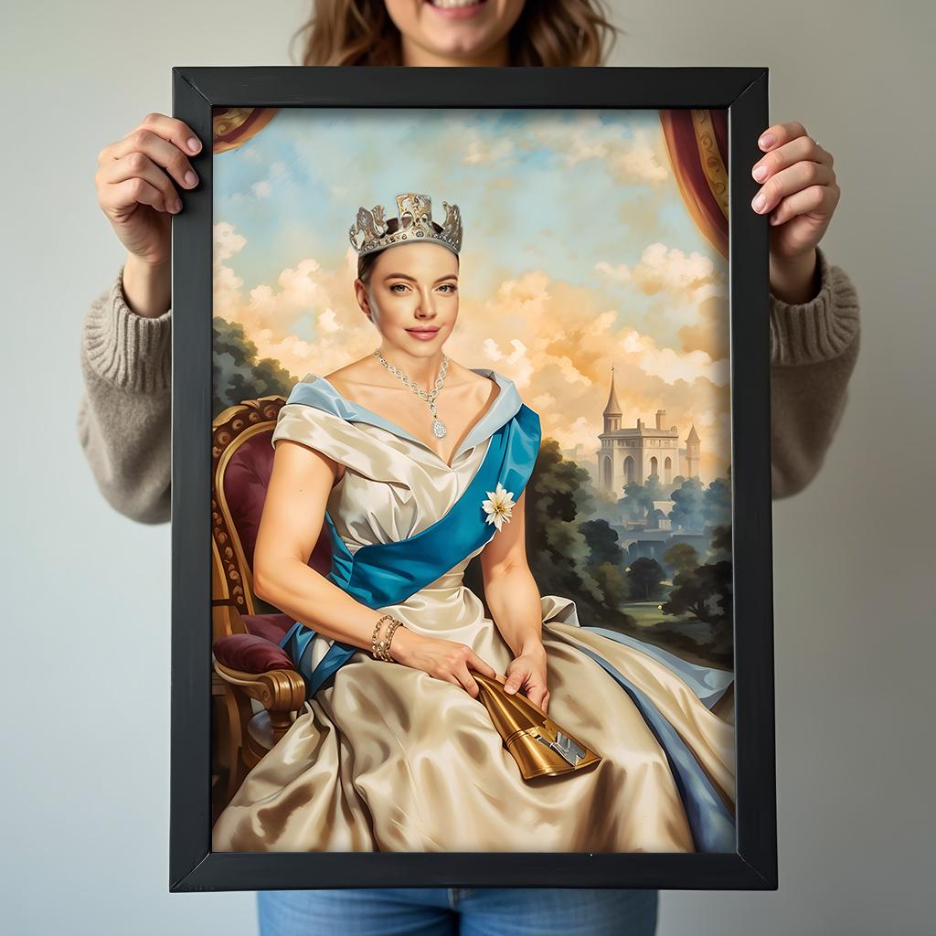 Custom Modern Queen Portrait – Woman in Crown with Castle Background