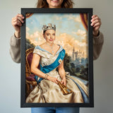 Custom Modern Queen Portrait – Woman in Crown with Castle Background