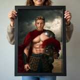 Custom Spartan Portrait – Shirtless Warrior with Cape and Helmet