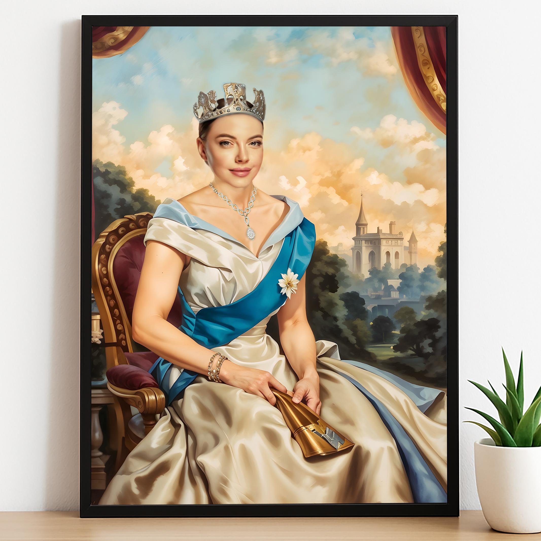 Custom Modern Queen Portrait – Woman in Crown with Castle Background