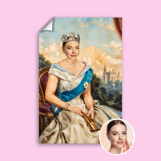 Custom Modern Queen Portrait – Woman in Crown with Castle Background