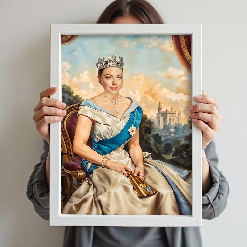 Custom Modern Queen Portrait – Woman in Crown with Castle Background