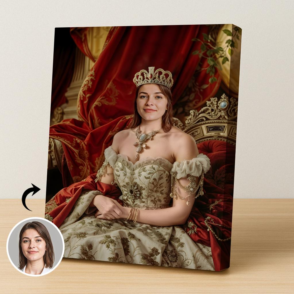 Custom Royal Renaissance Portrait - Noble Queen in Floral Embroidery printed custom portrait held in hands - Furr and Family 
