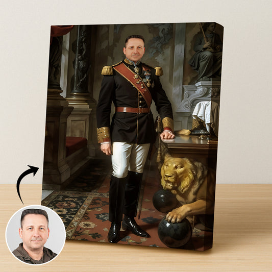 Custom Royal Portrait – Man in Suit with Lion at His Side
