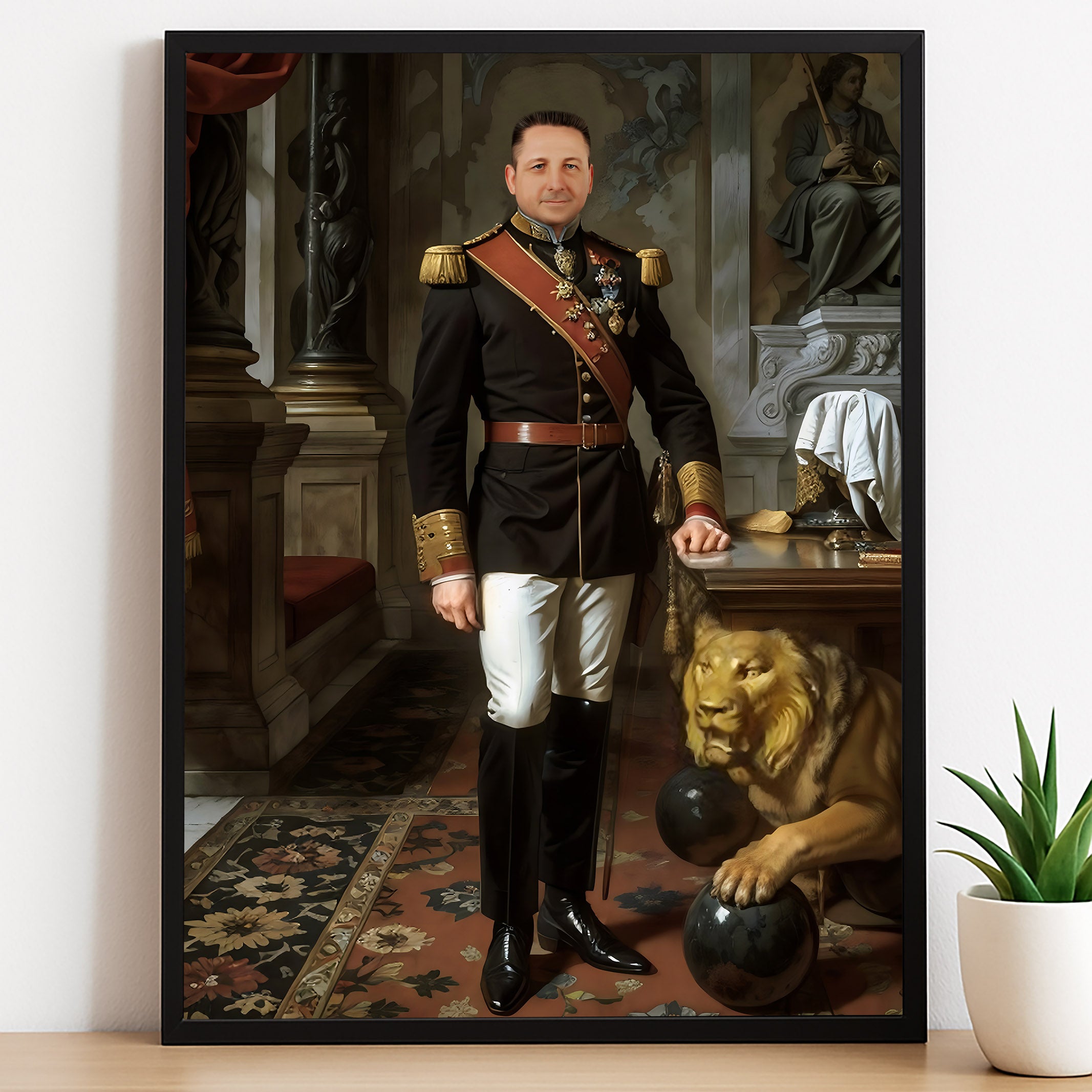 Custom Royal Portrait – Man in Suit with Lion at His Side