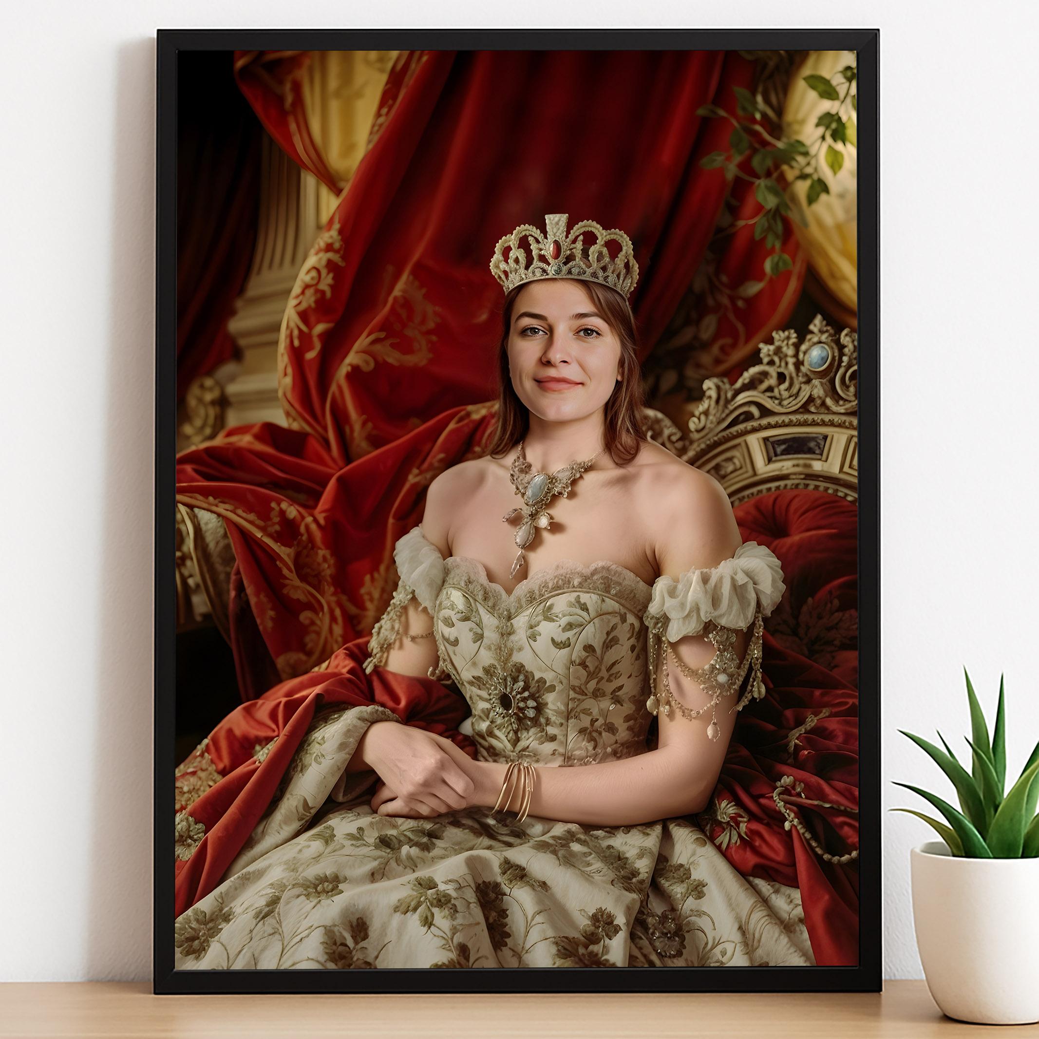 Custom Royal Renaissance Portrait - Noble Queen in Floral Embroidery printed custom portrait held in hands - Furr and Family 
