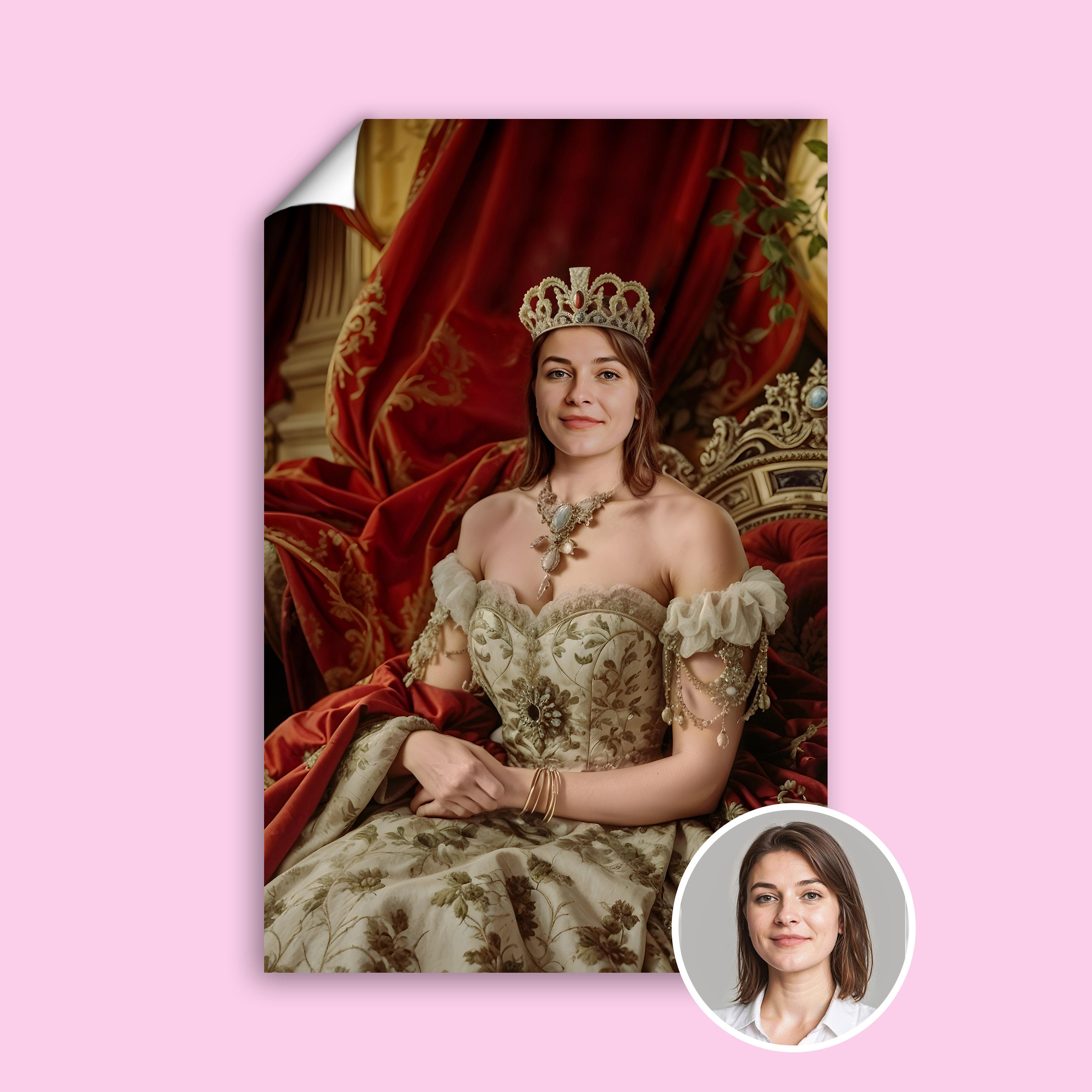 Custom Royal Renaissance Portrait - Noble Queen in Floral Embroidery printed custom portrait held in hands - Furr and Family 
