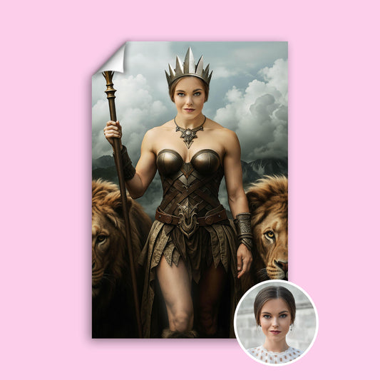 Fantasy portrait of woman as warrior queen standing with lions