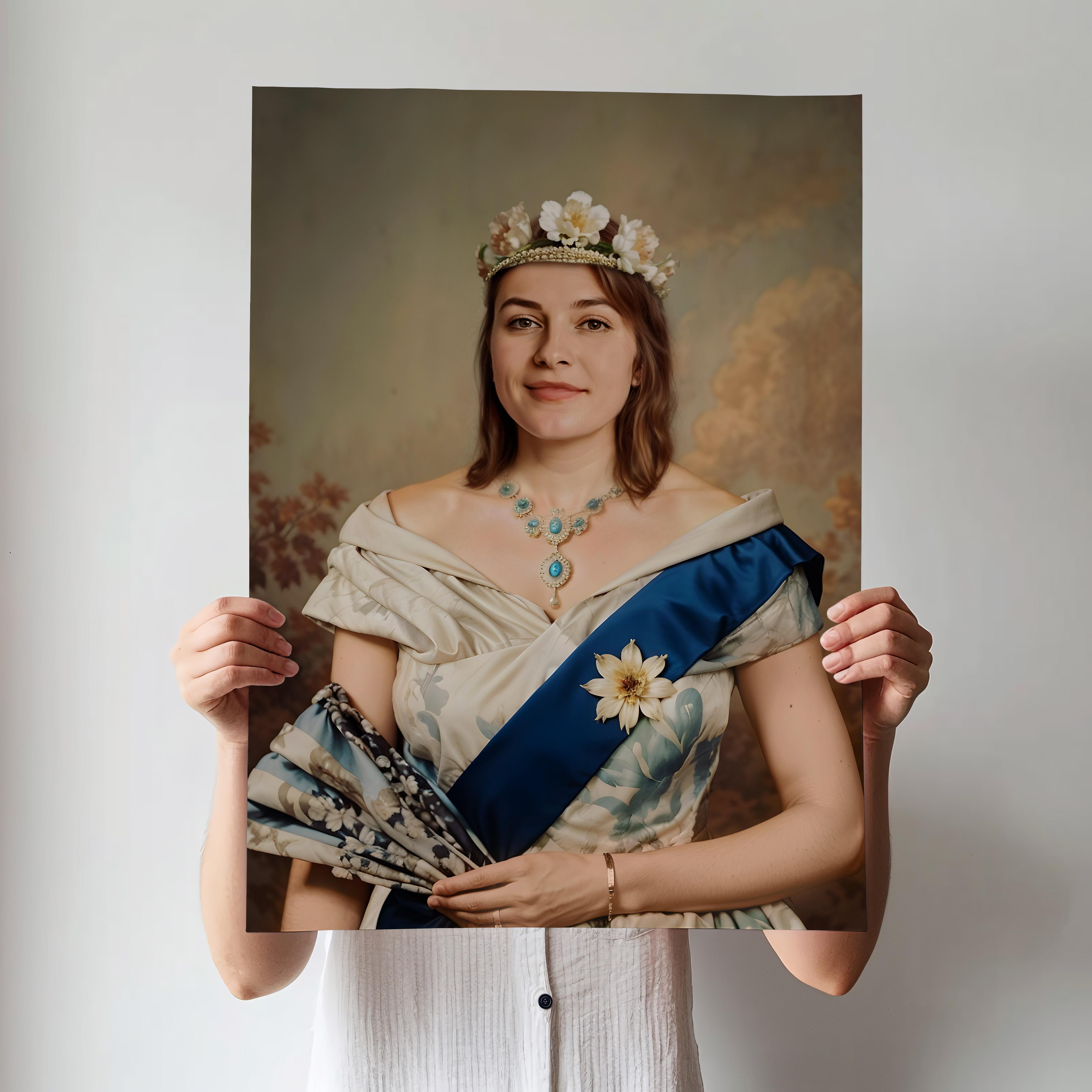Renaissance style custom portrait of elegant royal lady with tiara