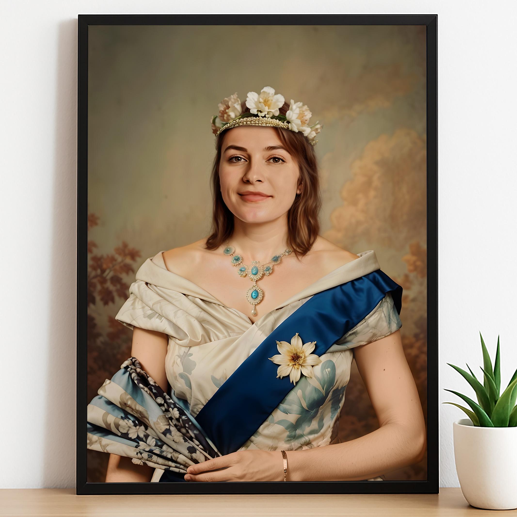 Renaissance style custom portrait of elegant royal lady with tiara