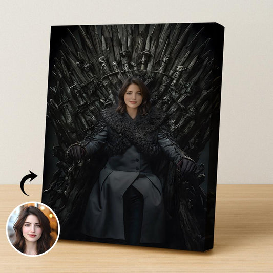 Queen sitting on Game of Thrones-style throne in custom portrait