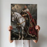 Custom Horseback King Portrait – Man in Cape on White Horse with Clouds
