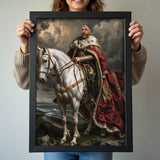 Custom Horseback King Portrait – Man in Cape on White Horse with Clouds