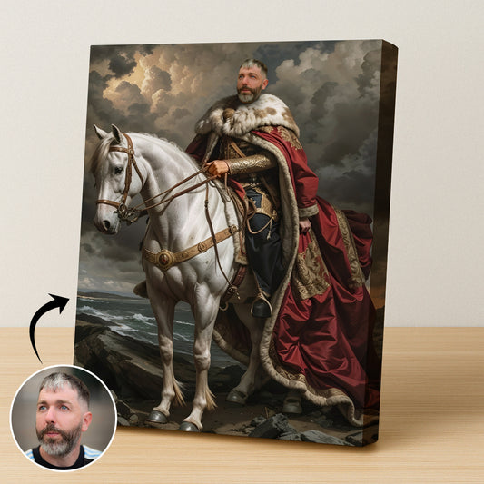 Custom Horseback King Portrait – Man in Cape on White Horse with Clouds