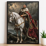 Custom Horseback King Portrait – Man in Cape on White Horse with Clouds