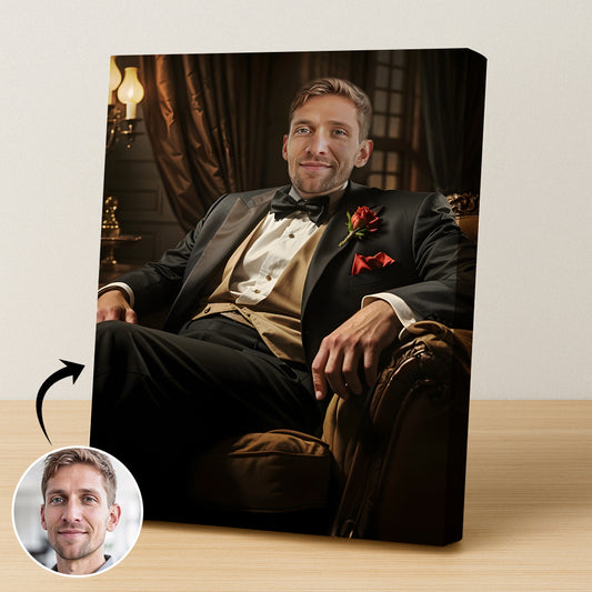 Custom Tuxedo Portrait – Man Sitting in Classic Chair with Rose