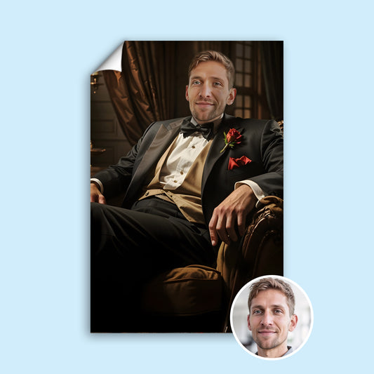 Custom Tuxedo Portrait – Man Sitting in Classic Chair with Rose