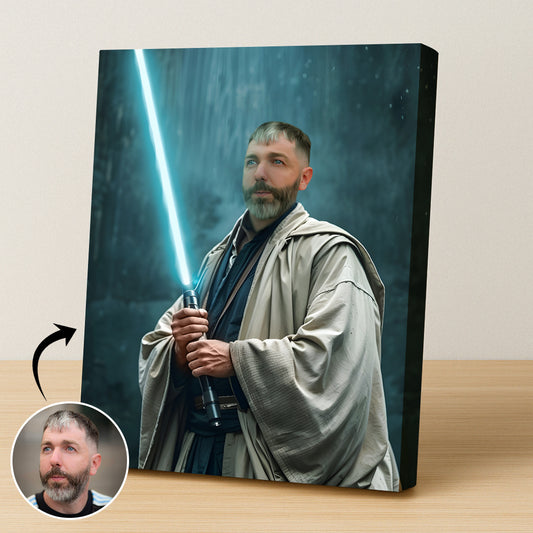 Custom Jedi Knight Portrait – Man in Robes Holding Blue Lightsaber