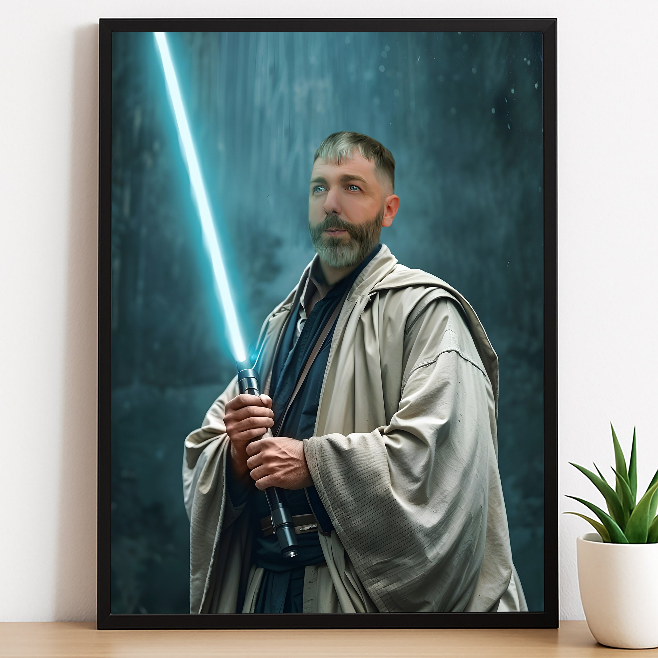 Custom Jedi Knight Portrait – Man in Robes Holding Blue Lightsaber